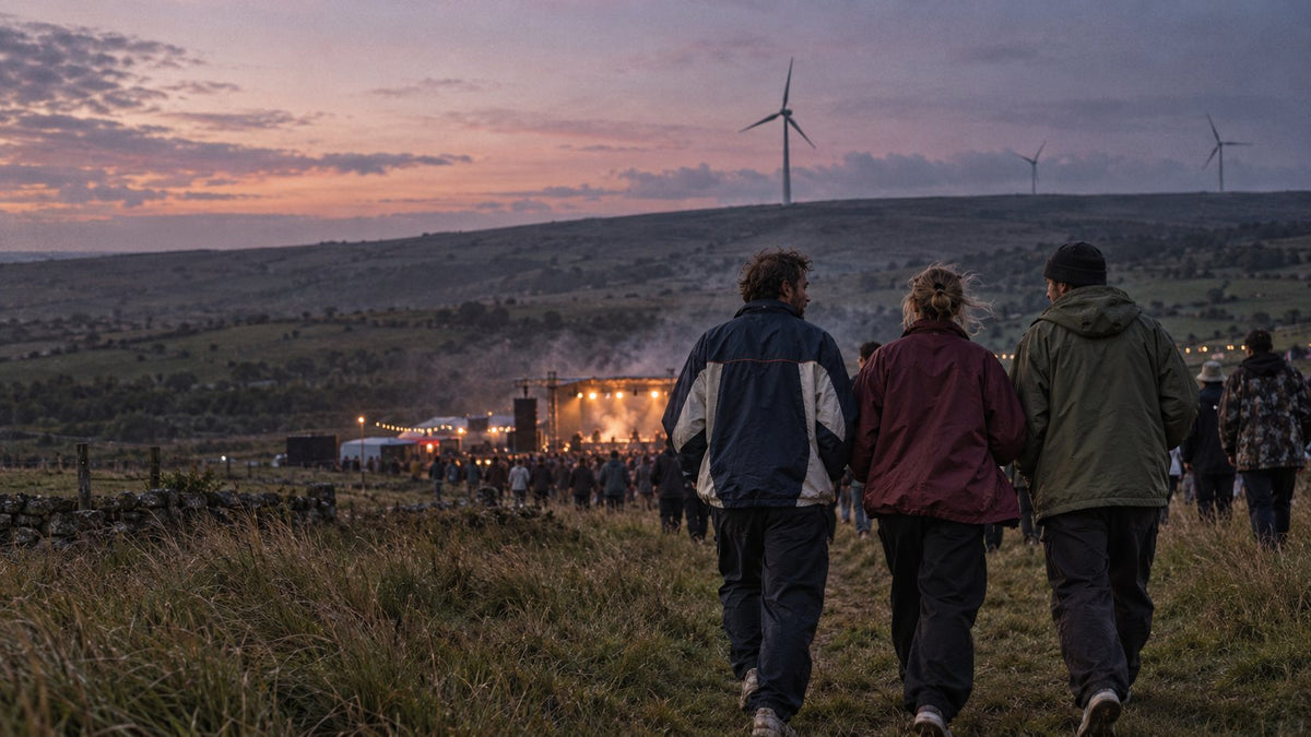 Three friends walking through long grass towards an outdoor stage in the hills at dusk, wind turbines on the ridge