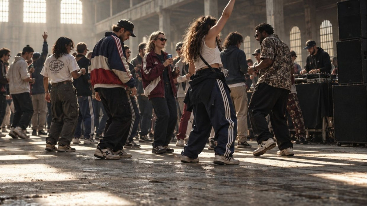 Crowd dancing in a sunlit disused warehouse in retro track jackets and trackpants, DJ at the decks