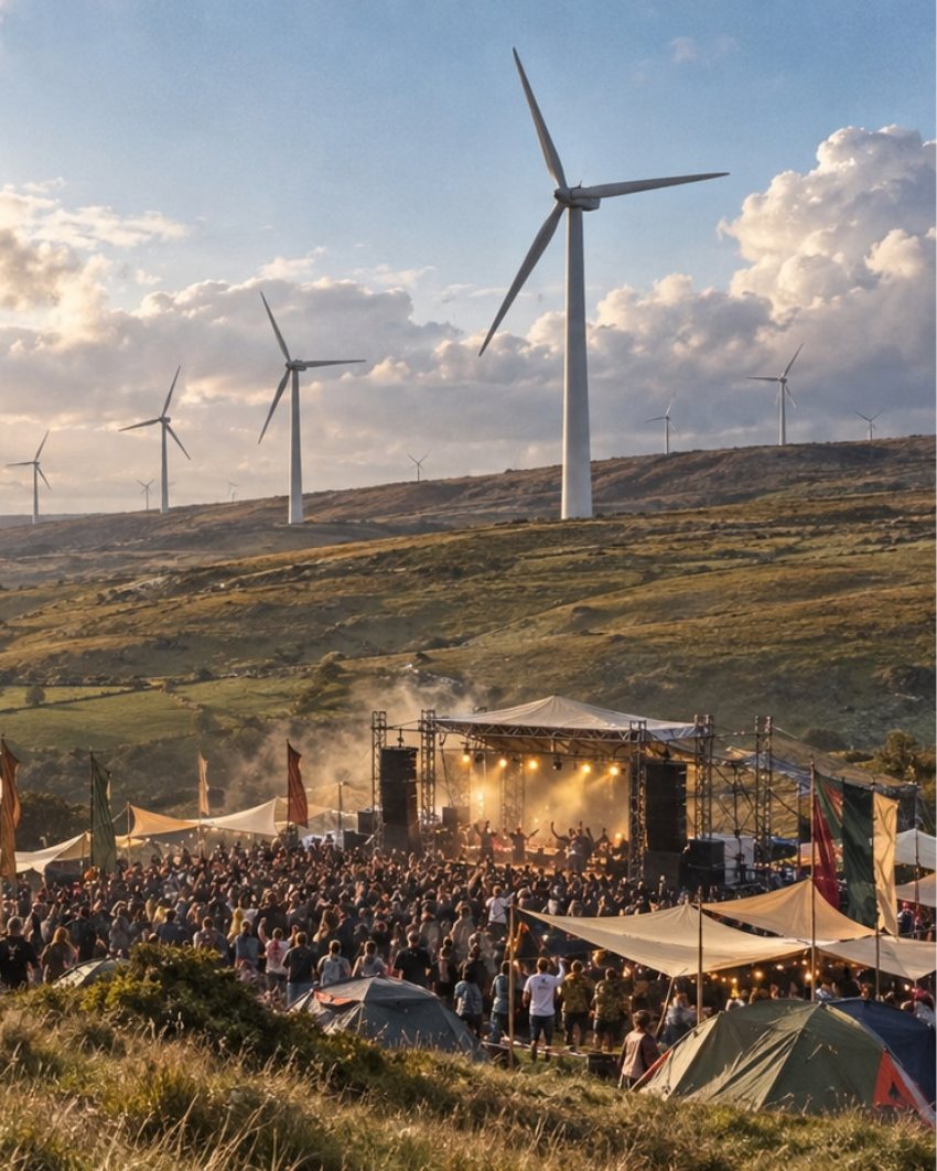 Festival crowd and stage on a hillside below wind turbines at golden hour